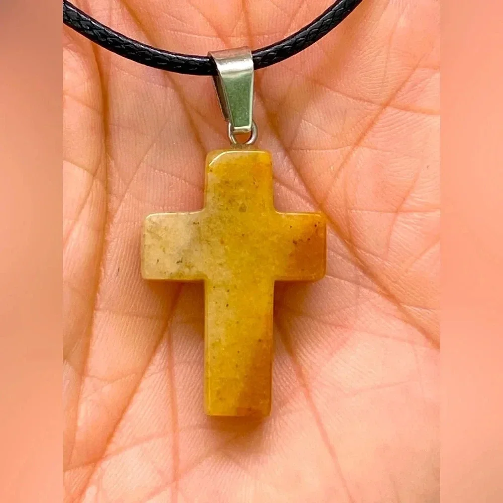 Carmel Adventurine Cross Natural Braided Stainless Steel Necklace NWT